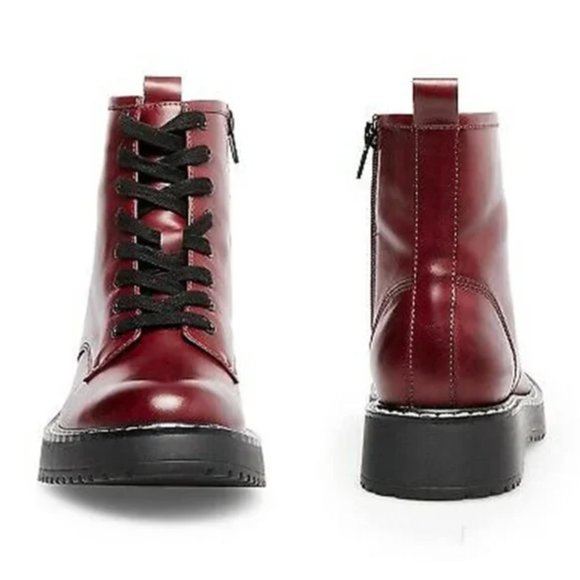 NWT Madden Girl Kurrt Combat Boot Lace Up Side Zip Ankle Bootie Burgundy Paris - Picture 2 of 8